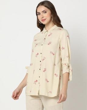 printed relaxed fit tunic with tie-up sleeves