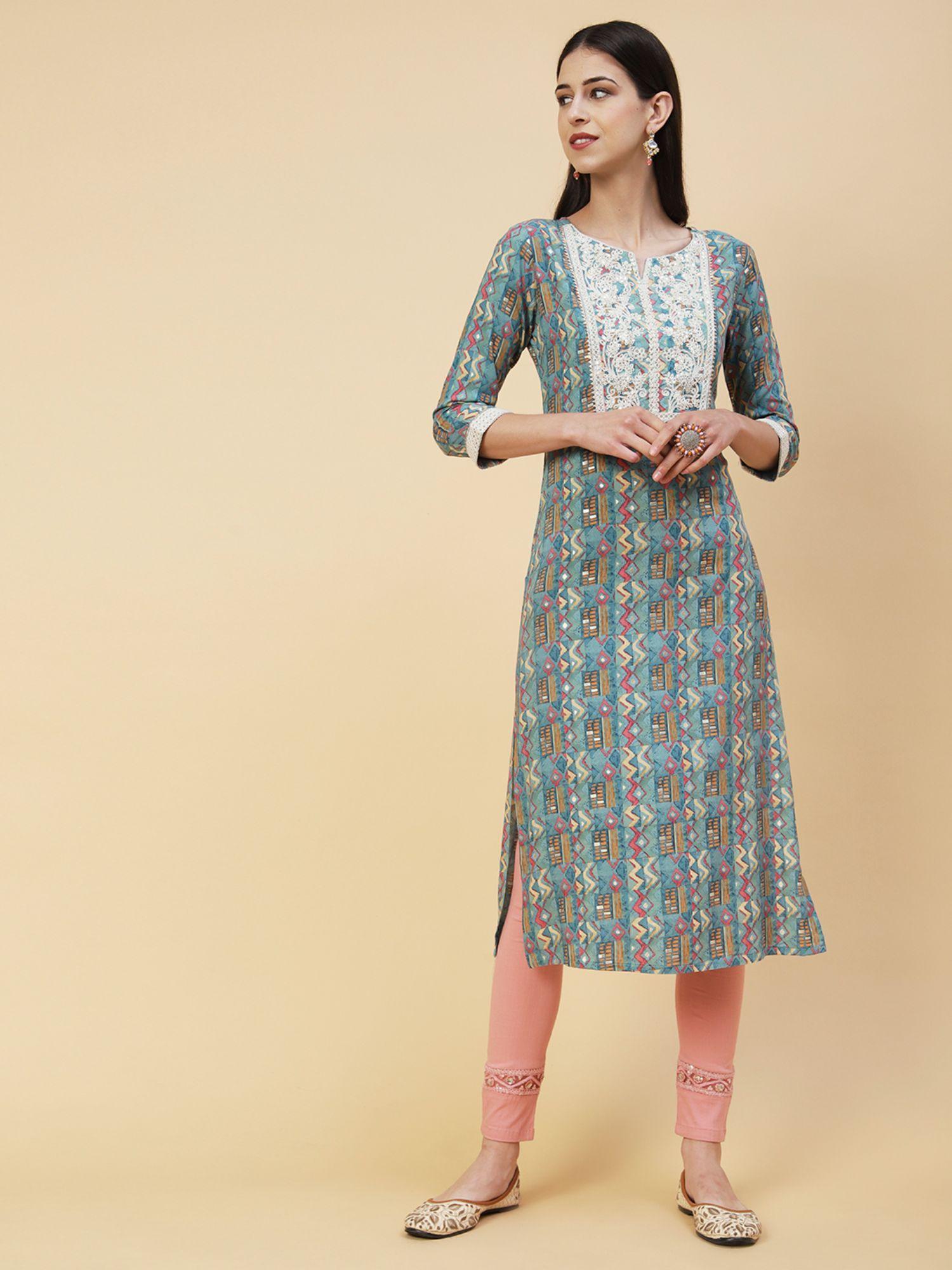 printed resham dori & sequins embroidered kurta blue