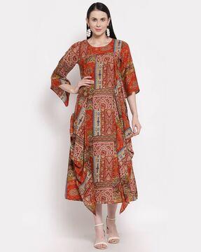 printed round-neck a-line dress