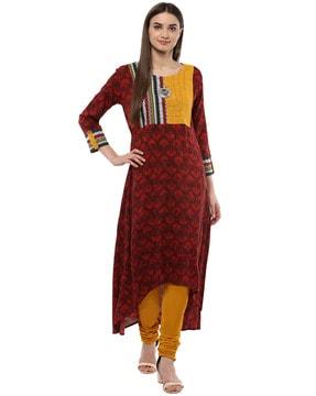 printed round-neck a-line kurta with asymmetrical hemline