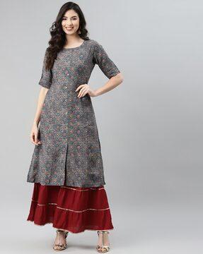 printed round-neck a-line kurta