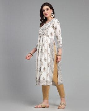 printed round-neck a-line kurta