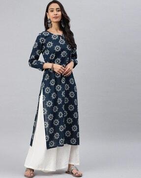 printed round-neck a-line kurta