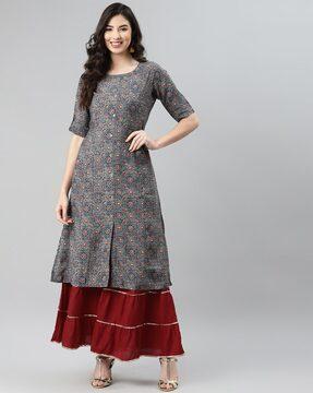 printed round-neck a-line kurti