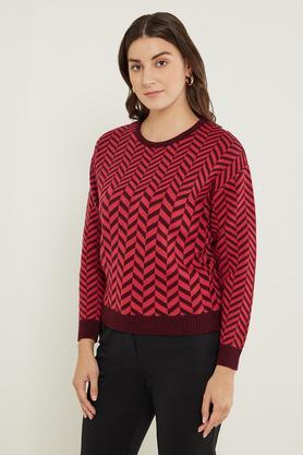printed round neck acrylic women's pullover - maroon
