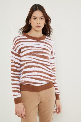 printed round neck acrylic women's pullover - sand