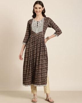 printed round-neck anarkali kurta with embroidered yoke