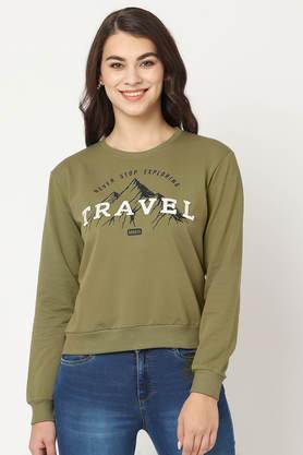 printed round neck blended fabric women's casual wear sweatshirt - olive