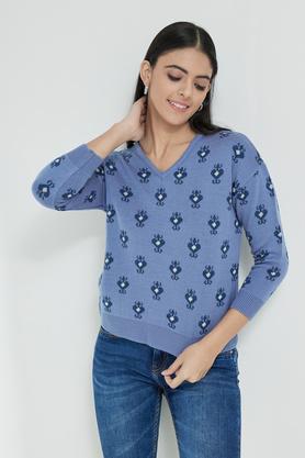 printed round neck blended women's pullover - blue