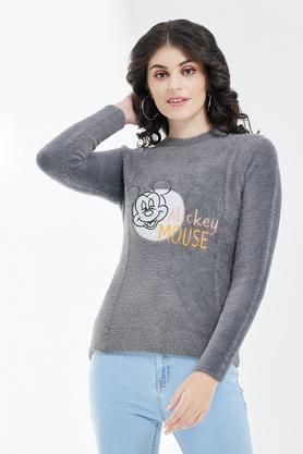printed round neck blended women's pullover - grey