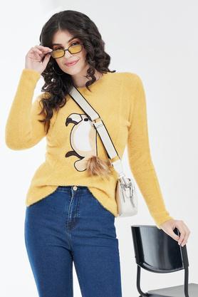 printed round neck blended women's pullover - mustard