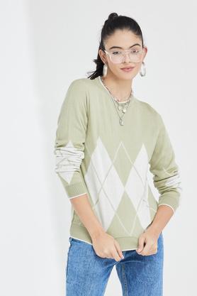 printed round neck blended women's pullover - sage