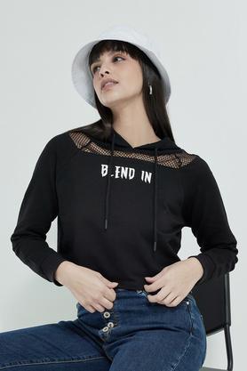 printed round neck blended women's sweatshirts - black