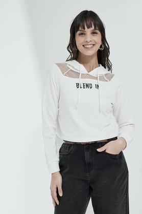 printed round neck blended women's sweatshirts - off white