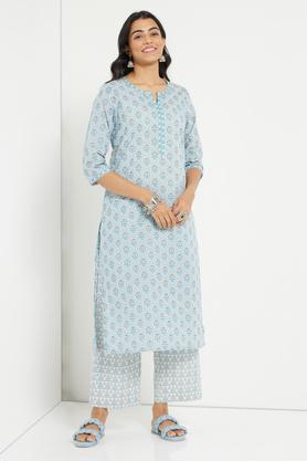 printed round neck cambric women's kurta palazzo set - blue