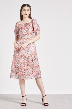 printed round neck chiffon women's midi dress - multi