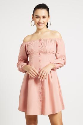 printed round neck cotton blend women's knee length dress - pink