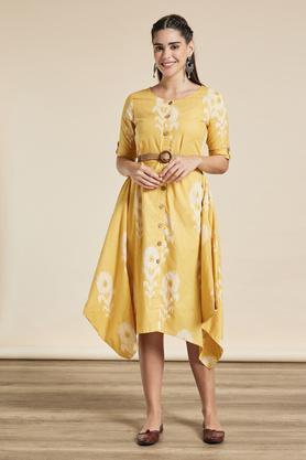 printed round neck cotton blend women's midi dress - yellow