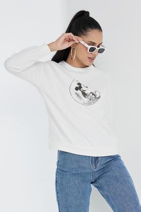 printed round neck cotton blend women's sweatshirt - off white