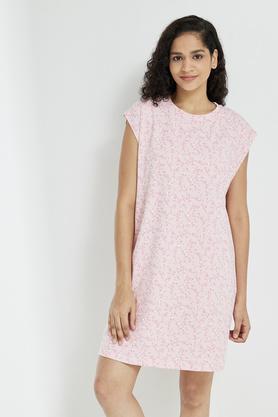 printed round neck cotton blend womens maternity wear dress - dusty pink