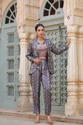 printed round neck cotton silk women's top pant blazer co-ord set - grey