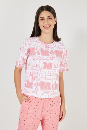 printed round neck cotton women's casual wear sleep t-shirt - coral