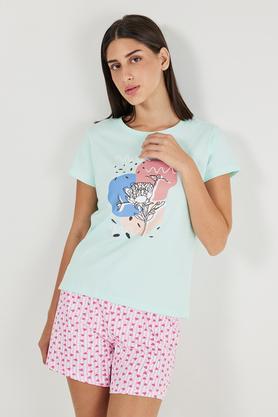 printed round neck cotton women's casual wear sleep t-shirt - light blue