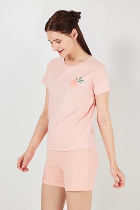 printed round neck cotton women's casual wear sleep t-shirt - peach
