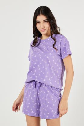 printed round neck cotton women's casual wear sleep t-shirt - purple