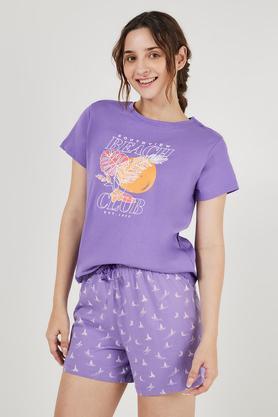 printed round neck cotton women's casual wear sleep t-shirt - purple