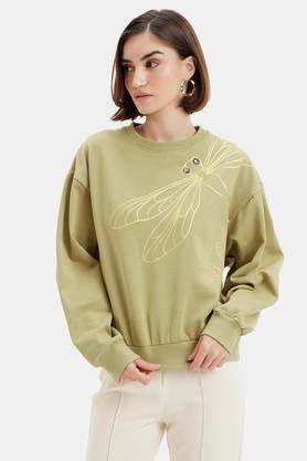 printed round neck cotton women's casual wear sweatshirt - green