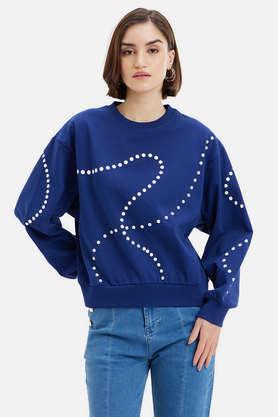 printed round neck cotton women's casual wear sweatshirt - navy