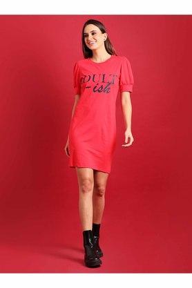 printed round neck cotton women's dresses - red