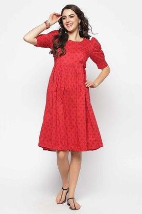 printed round neck cotton women's fit and flare dress - red