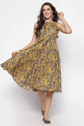 printed round neck cotton women's fit and flare dress - yellow