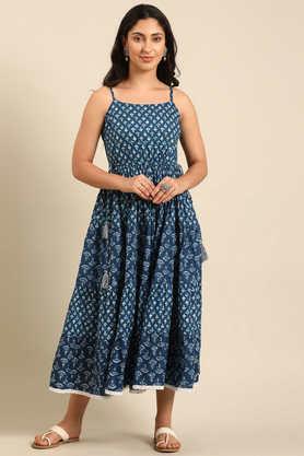 printed round neck cotton women's full length dress - indigo