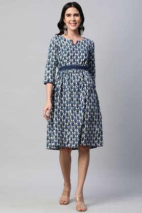 printed round neck cotton women's knee length dress - blue