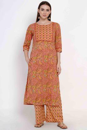 printed round neck cotton women's kurta palazzo set - peach