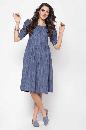 printed round neck cotton womens fit and flare dress - navy