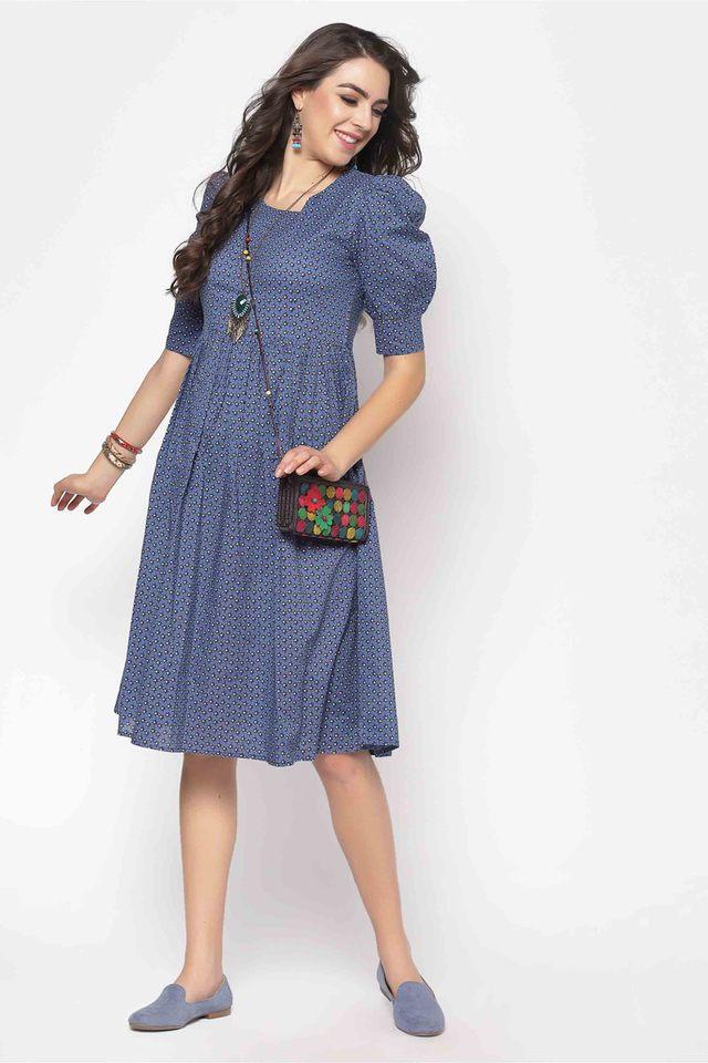 printed round neck cotton womens fit and flare dress