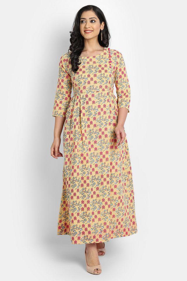 printed round neck cotton womens full length dress