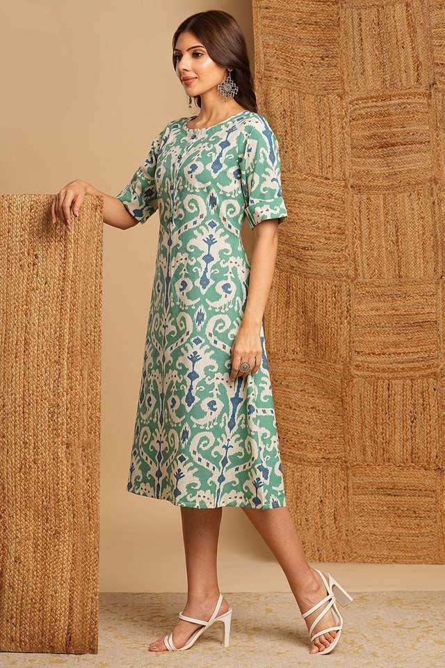 printed round neck cotton womens knee length ethnic dress