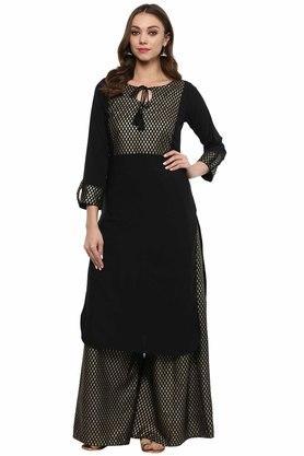 printed round neck crepe women's ethnic set - black