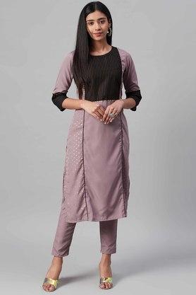 printed round neck crepe women's ethnic set - pink