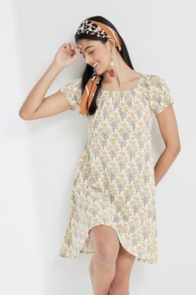 printed round neck crepe women's knee length dress - yellow