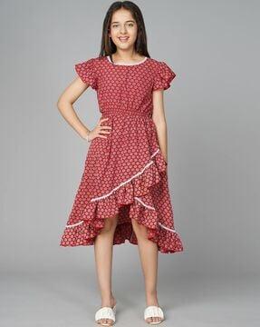printed round-neck fit and flare dress