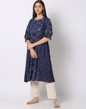 printed round-neck flared kurta