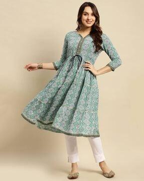 printed round-neck flared kurta