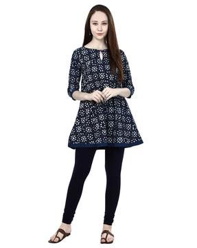 printed round-neck flared kurti with button loop closure