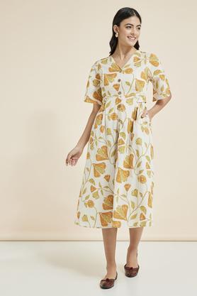 printed round neck flex women's midi dress - yellow